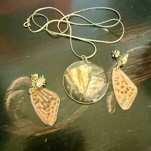 One of a kind set of real butterfly wing earrings and pendant